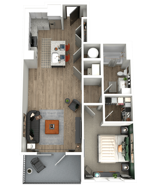 Floor plan for 1 bed, 1 bath, 777 sqft